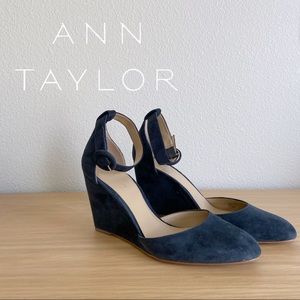 Ann Taylor Navy Suede Ankle Strap Wedge Heels